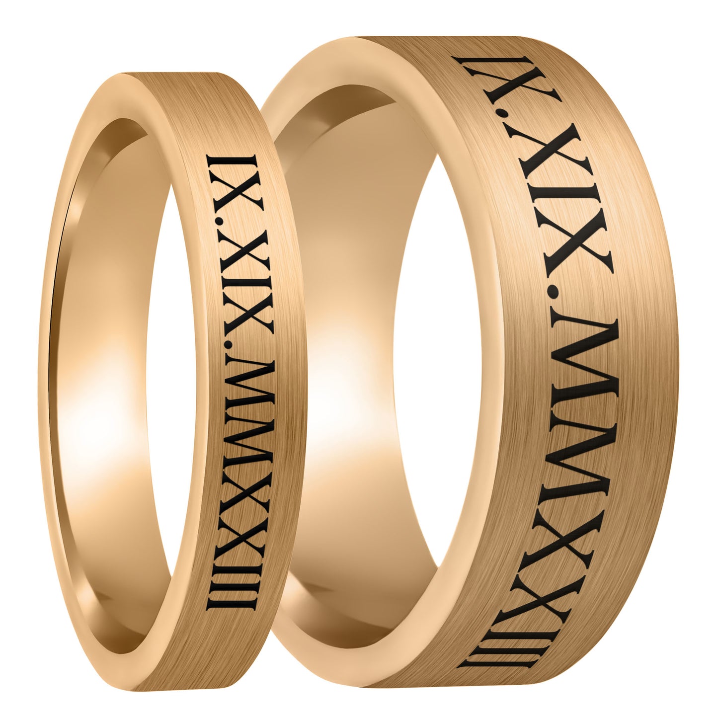 Roman Numeral Date Brushed Rose Gold Tungsten Couple's Matching Wedding Band Set