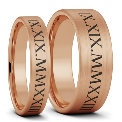 Custom Roman Numeral Date Brushed Tungsten Couple's Matching Wedding Band Set