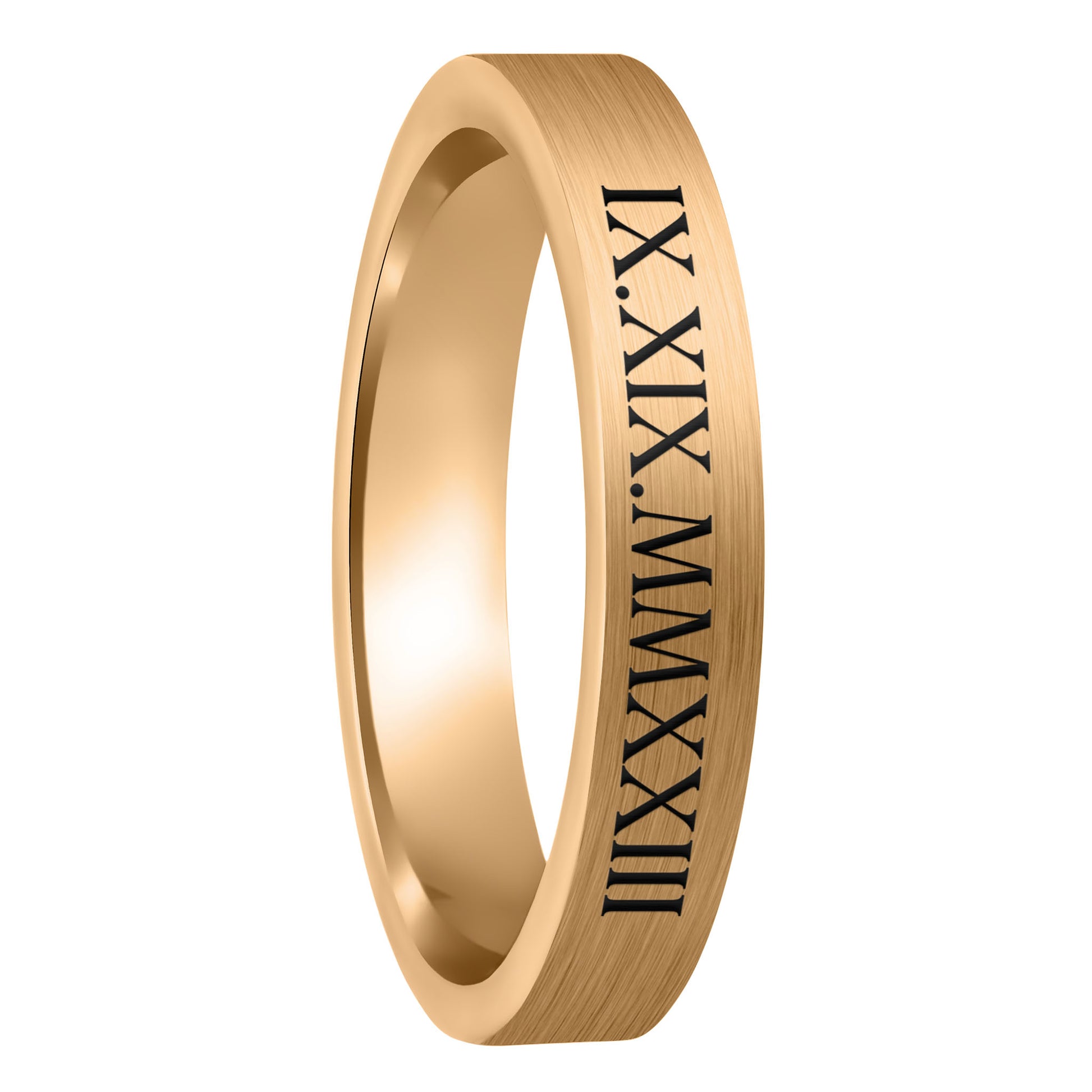 A roman numeral date brushed rose gold tungsten women's wedding band displayed on a plain white background.