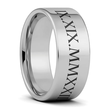 Alianza de boda de tungsteno con números romanos personalizada para hombre