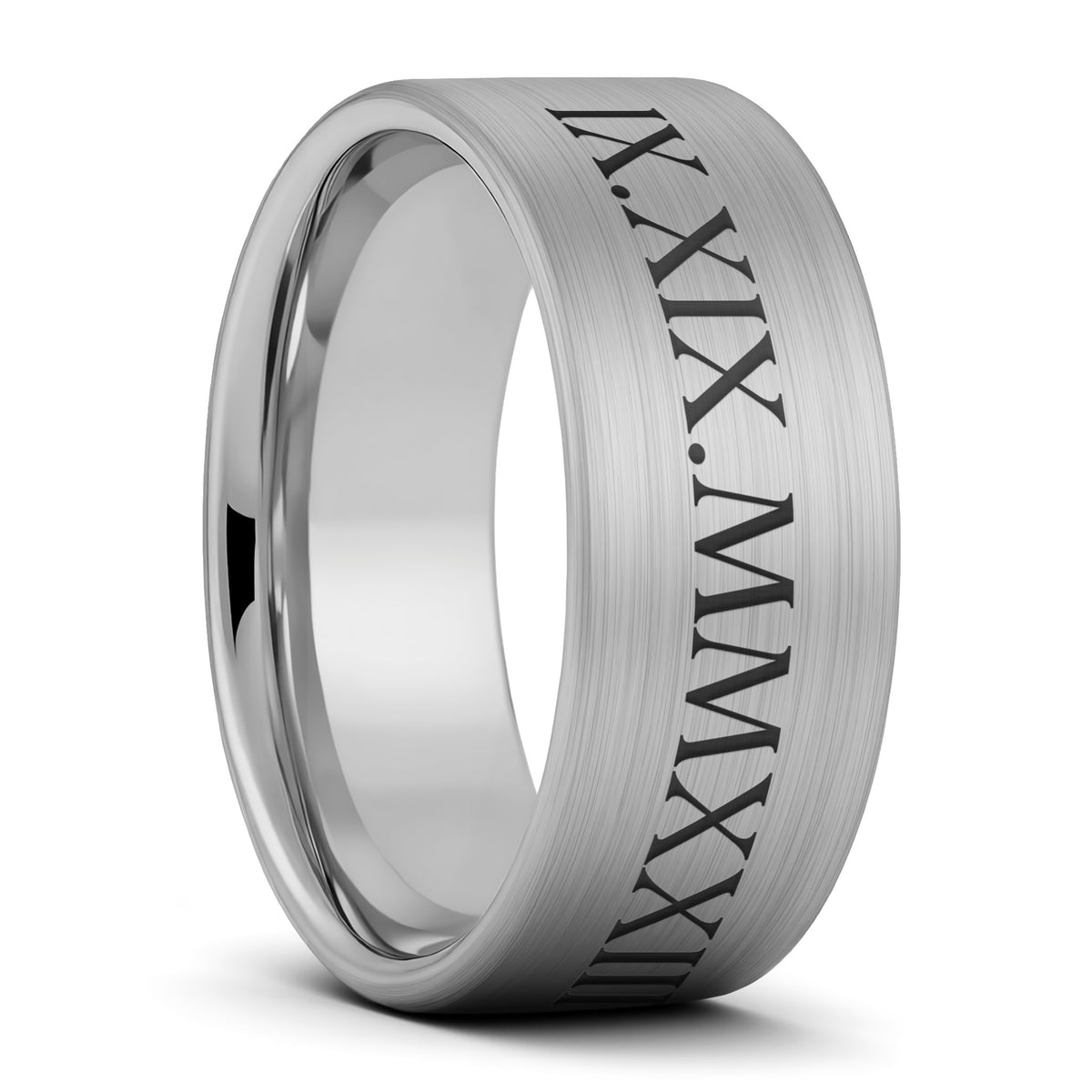 Alianza de boda de tungsteno con números romanos personalizada para hombre