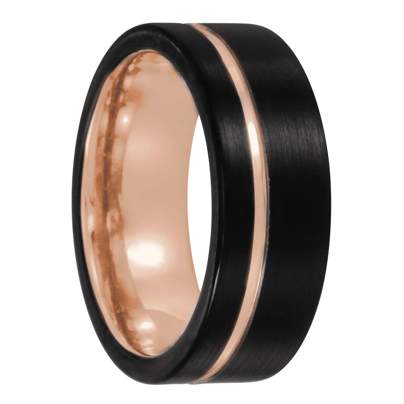 Rose Gold Asymmetrical Grooved Black Tungsten Men's Wedding Band