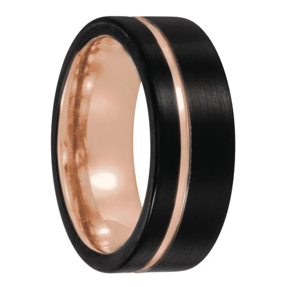 Rose Gold Asymmetrical Grooved Black Tungsten Men's Wedding Band