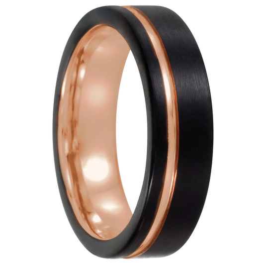 Rose Gold Asymmetrical Grooved Black Tungsten Men's Wedding Band