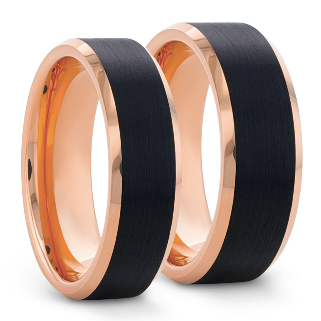 Rose Gold Tungsten Couple's Matching Wedding Band Set with Black Center