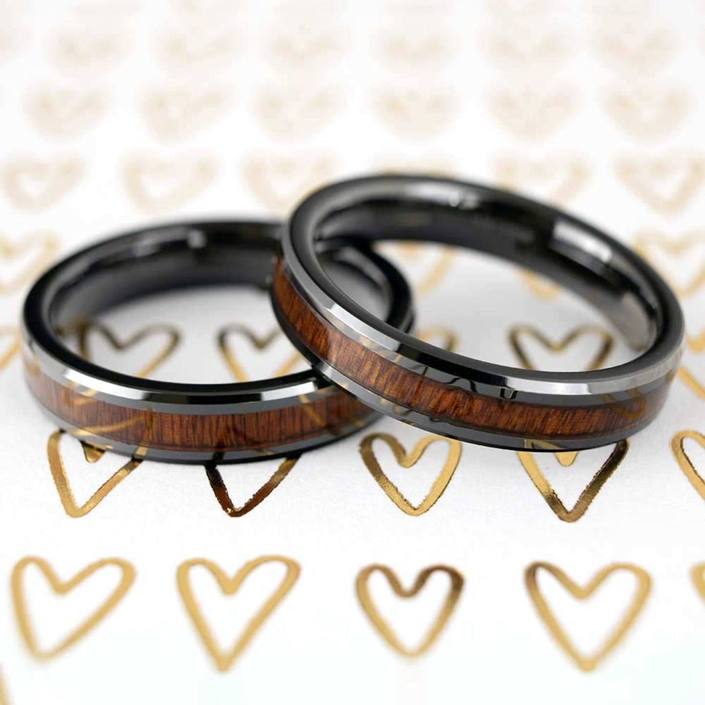 Rose Wood Inlaid Black Ceramic Couple's Matching Wedding Band Set