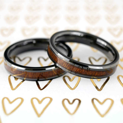 Rose Wood Inlaid Black Ceramic Couple's Matching Wedding Band Set