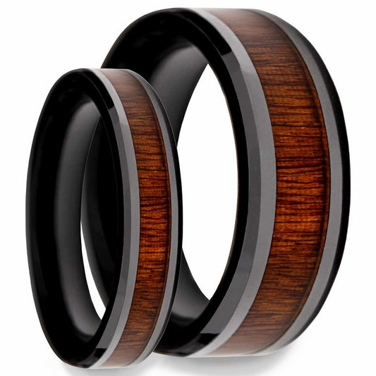 Ensemble d'alliances assorties pour couple en céramique noire incrustée de bois de rose