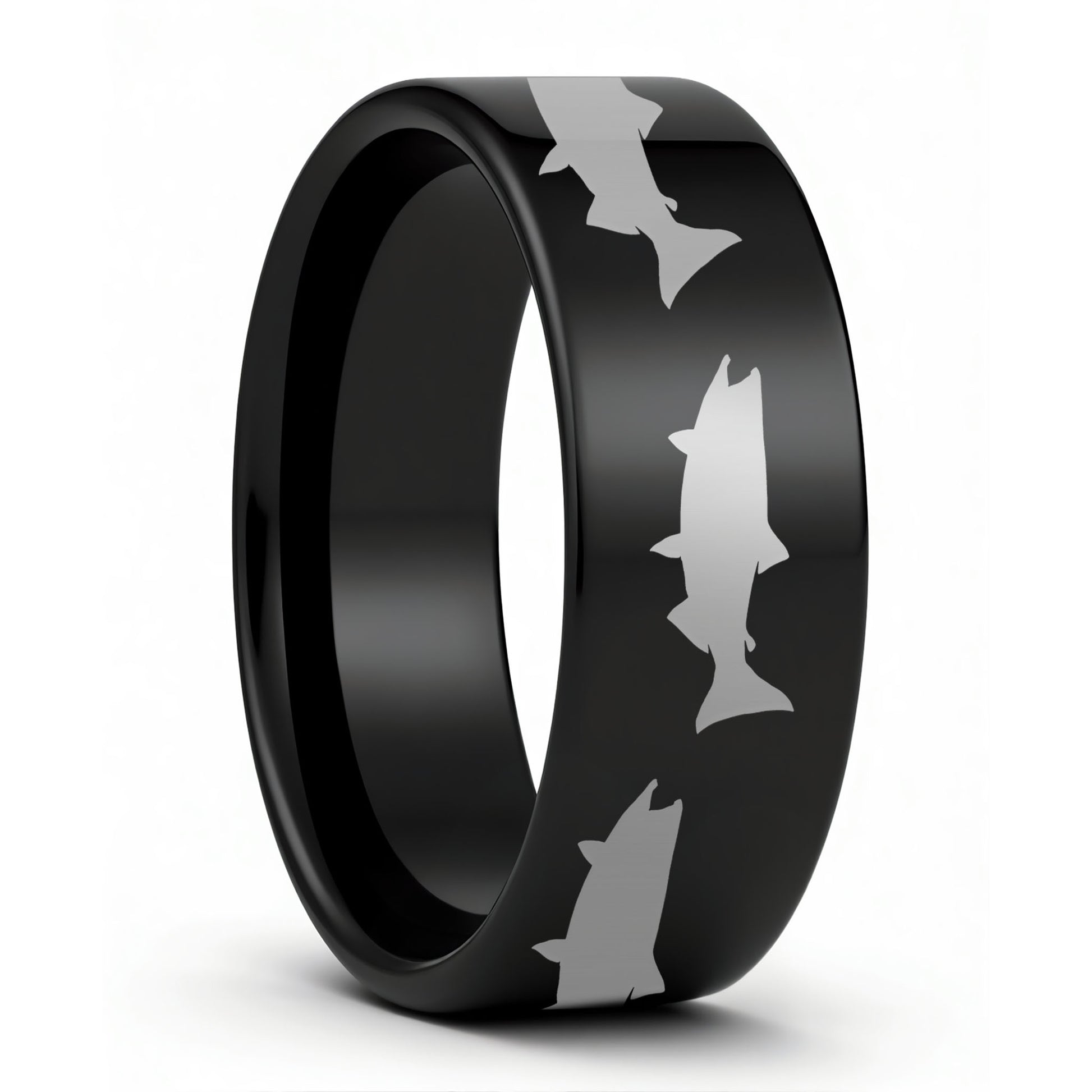 One Salmon Fish Black Tungsten Men's Wedding Band displayed on a plain white background