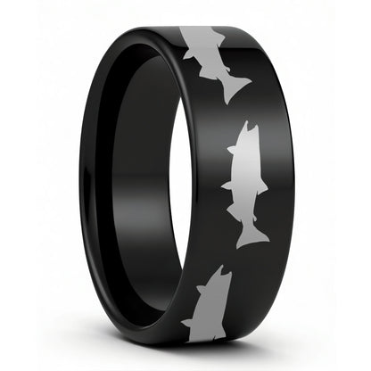 One Salmon Fish Black Tungsten Men's Wedding Band displayed on a plain white background