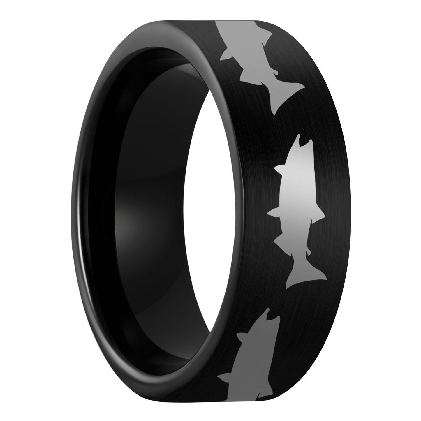 A salmon fish brushed black tungsten men's wedding band displayed on a plain white background.