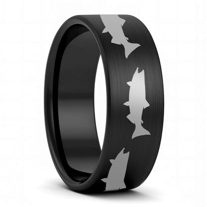 A salmon fish brushed black tungsten men's wedding band displayed on a plain white background.