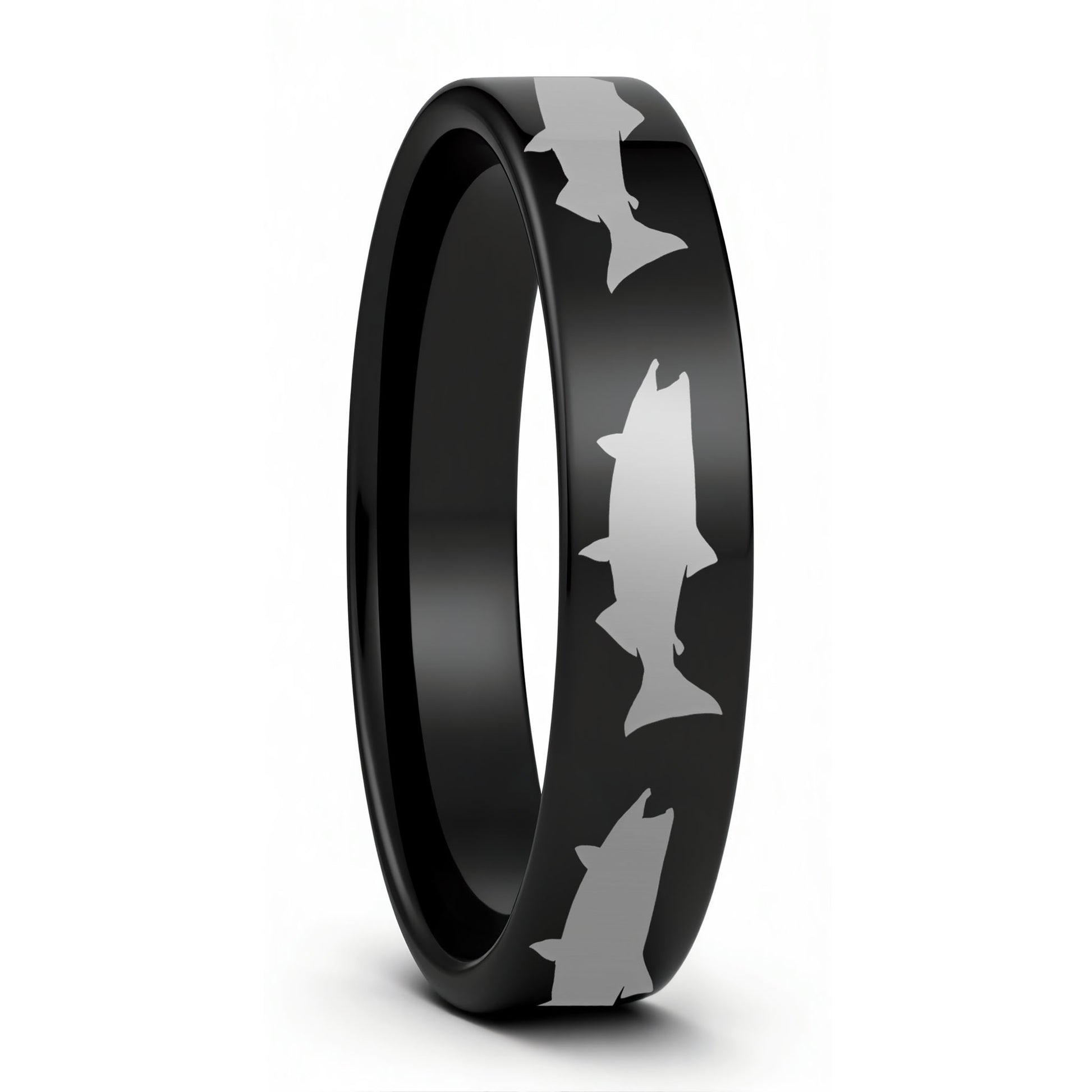 A salmon fish brushed black tungsten women's wedding band displayed on a plain white background.