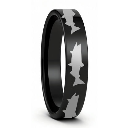 A salmon fish brushed black tungsten women's wedding band displayed on a plain white background.
