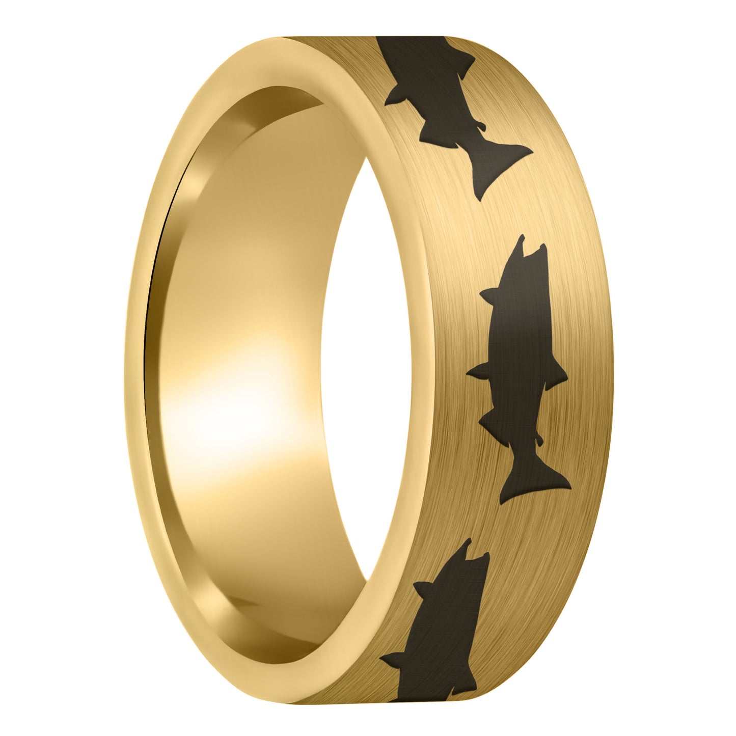 A salmon fish brushed gold tungsten men's wedding band displayed on a plain white background.