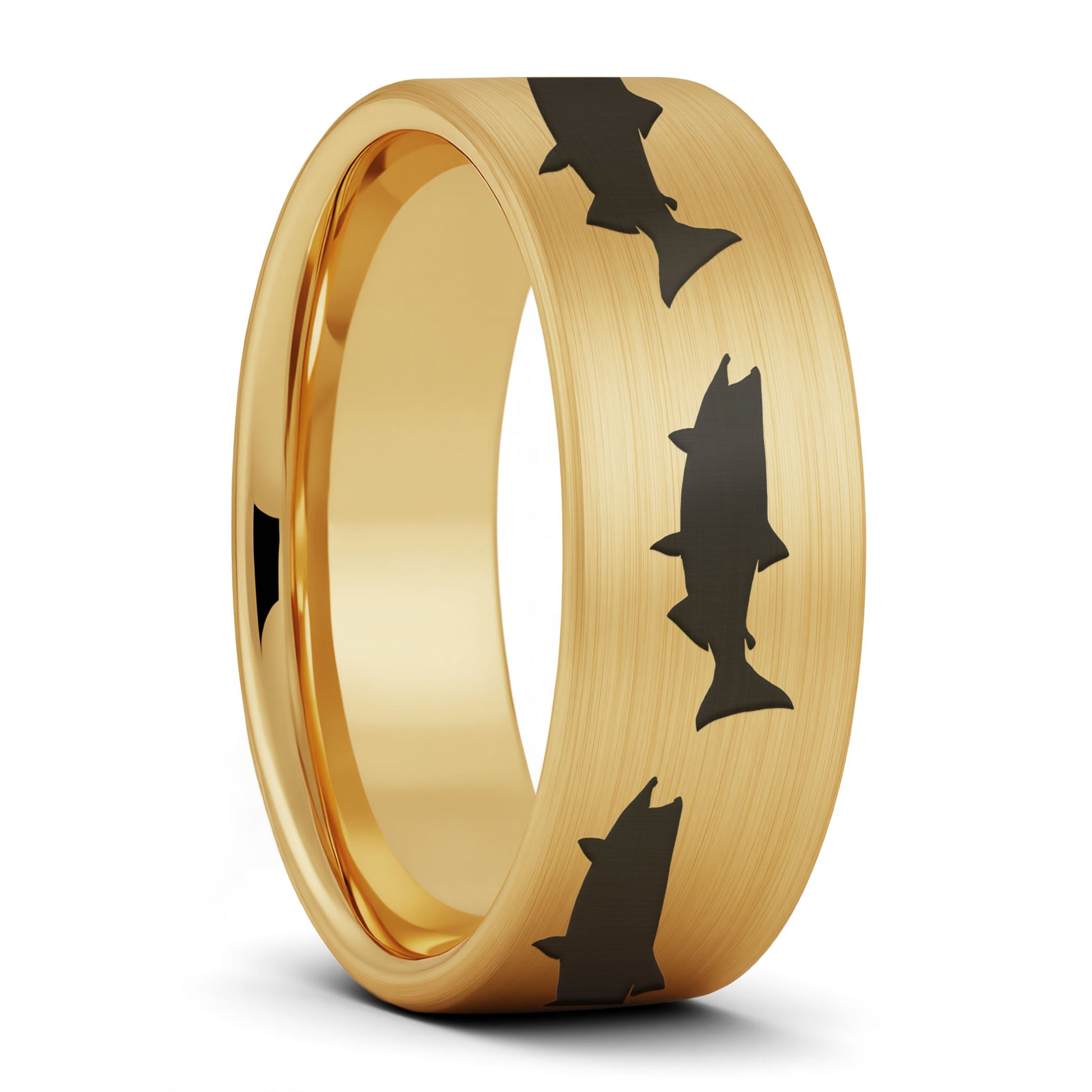 A salmon fish brushed gold tungsten men's wedding band displayed on a plain white background.