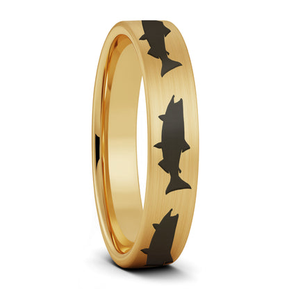 A salmon fish brushed gold tungsten women's wedding band displayed on a plain white background.
