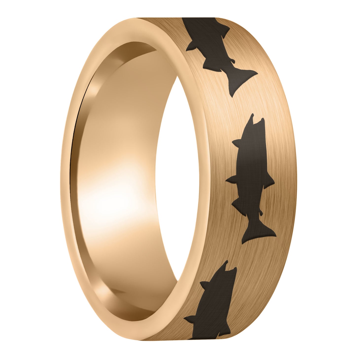 A salmon fish brushed rose gold tungsten men's wedding band displayed on a plain white background.