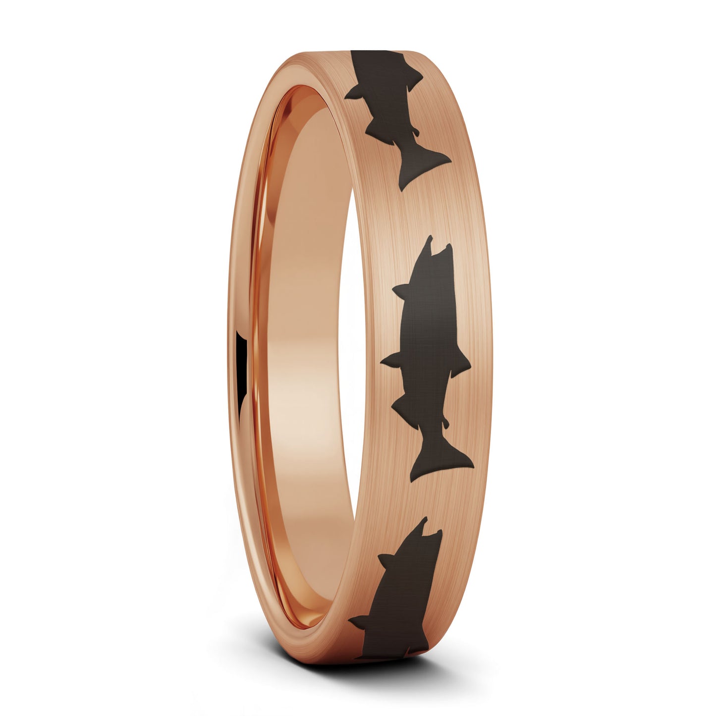 A salmon fish brushed rose gold tungsten women's wedding band displayed on a plain white background.