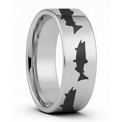 One Salmon Fish Tungsten Men's Wedding Band displayed on a plain white background