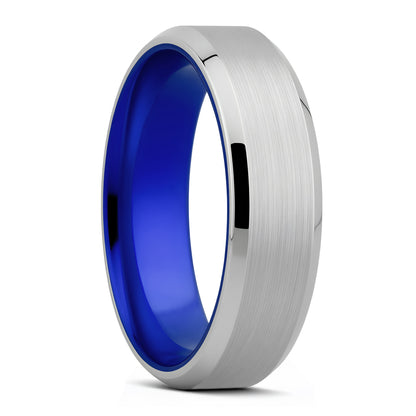 Satin Cobalt Wedding Band with Beveled Edges & Blue Center