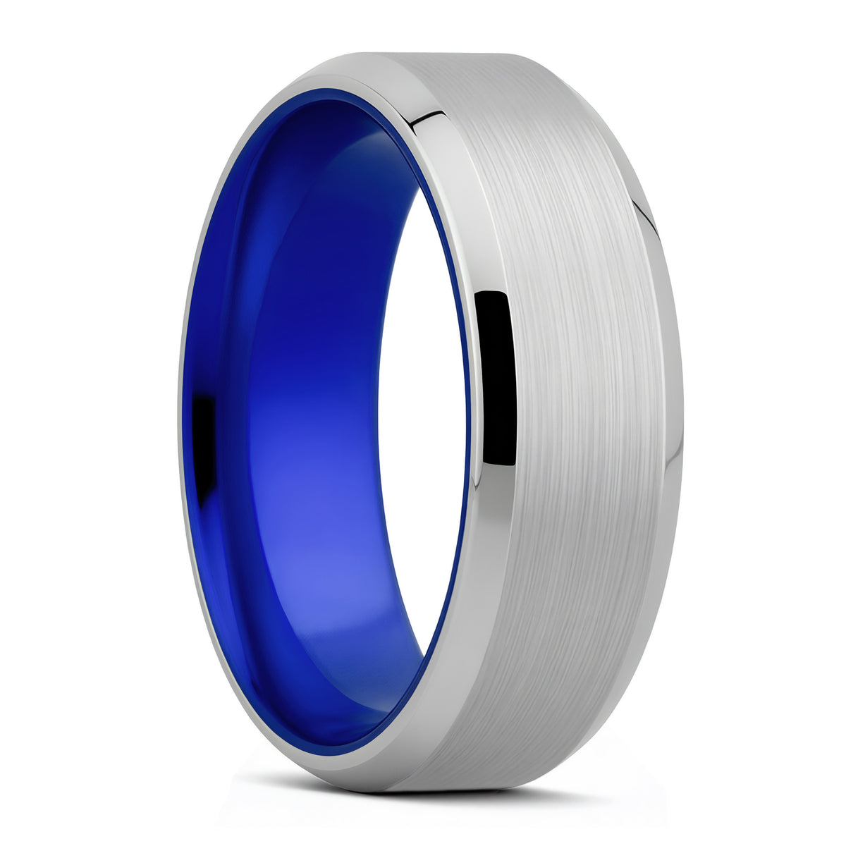 Satin Cobalt Wedding Band with Beveled Edges & Blue Center