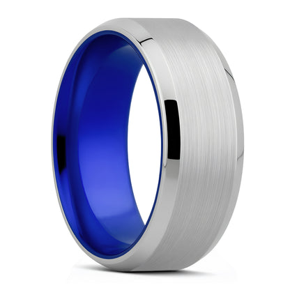 Satin Cobalt Wedding Band with Beveled Edges & Blue Center