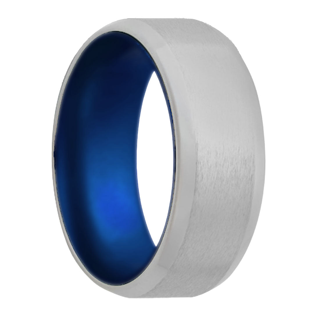 Satin Cobalt Wedding Band with Beveled Edges & Blue Center