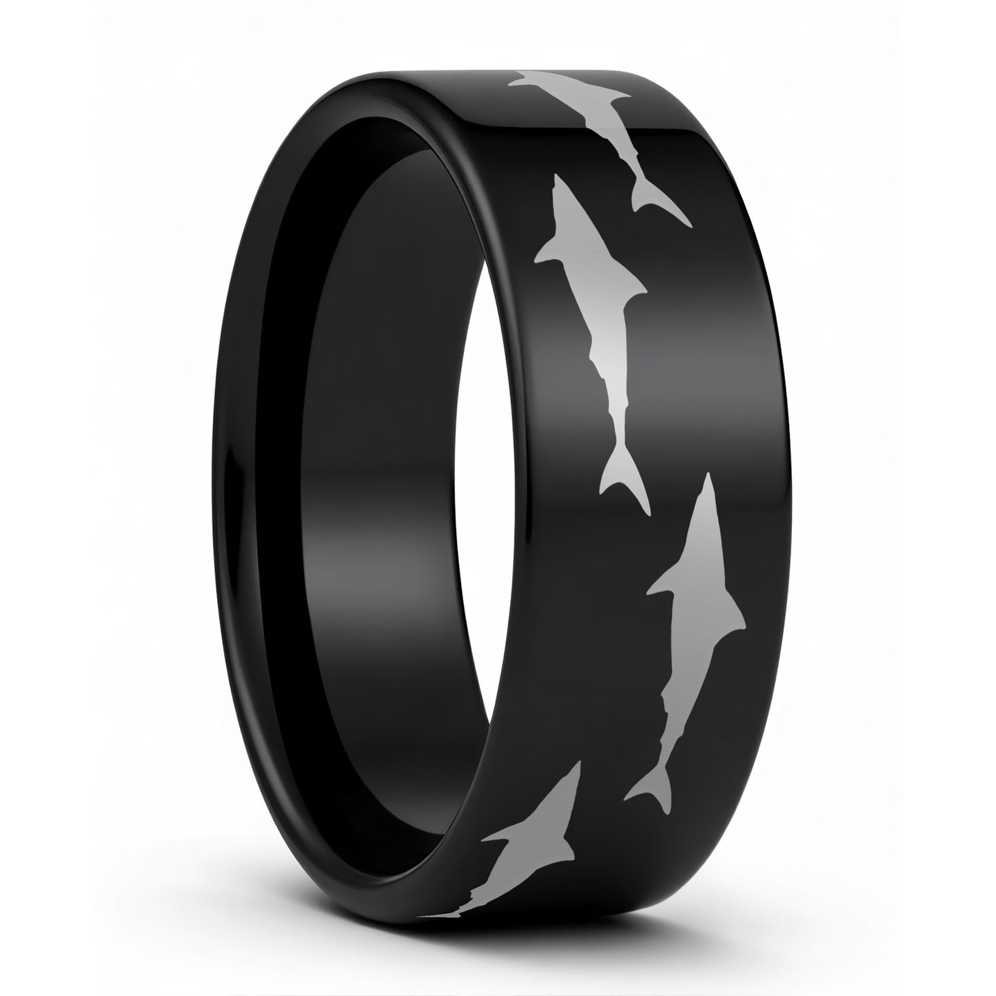 One Shark Black Tungsten Men's Wedding Band displayed on a plain white background