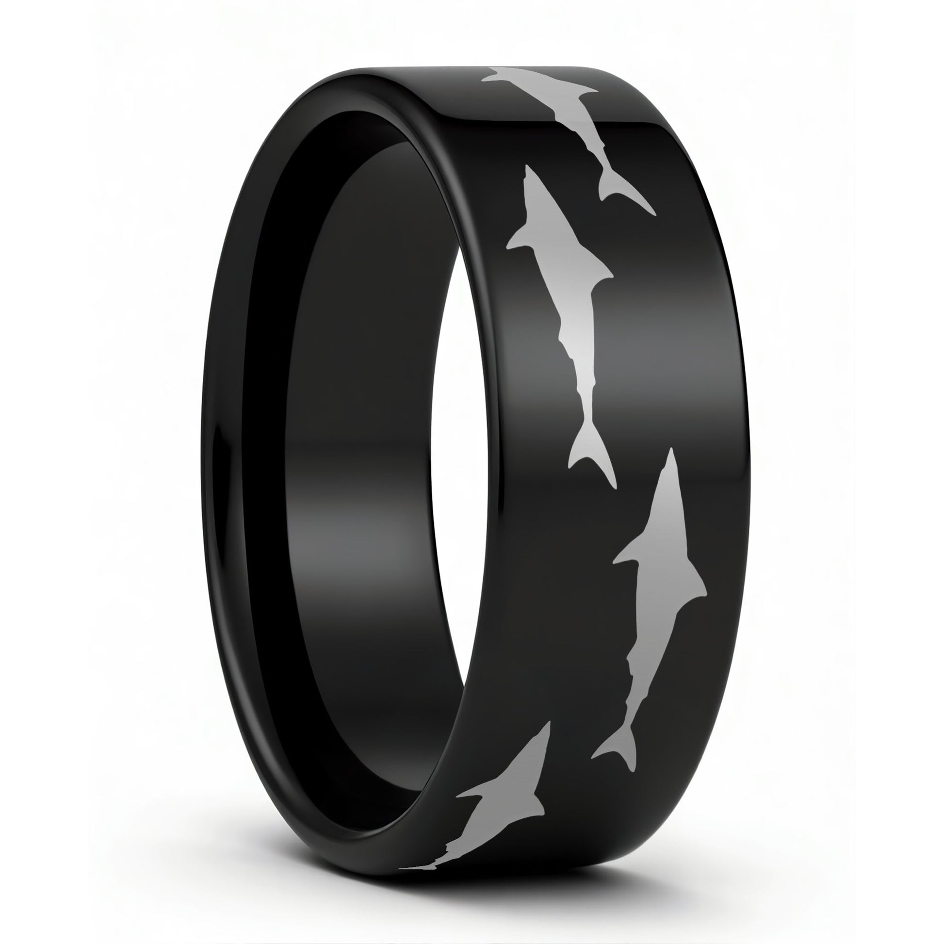 One Shark Black Tungsten Men's Wedding Band displayed on a plain white background