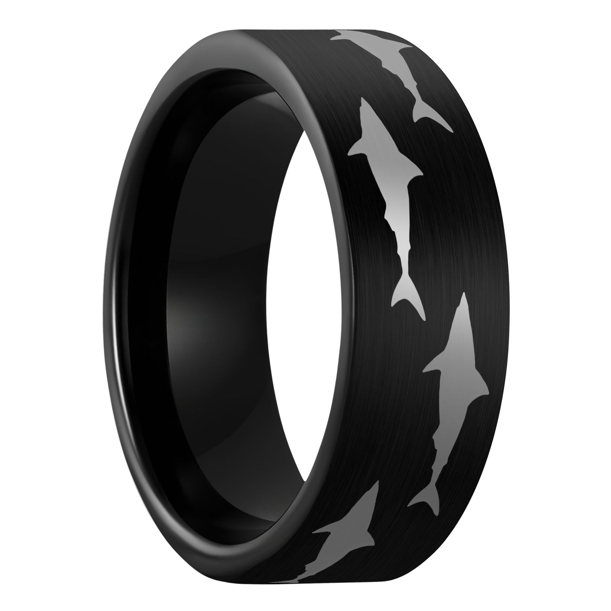 A shark brushed black tungsten men's wedding band displayed on a plain white background.