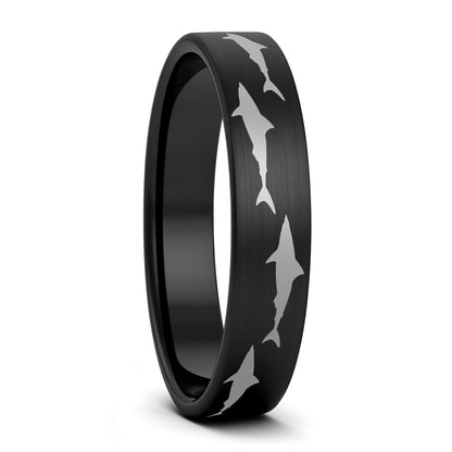 A shark brushed black tungsten women's wedding band displayed on a plain white background.