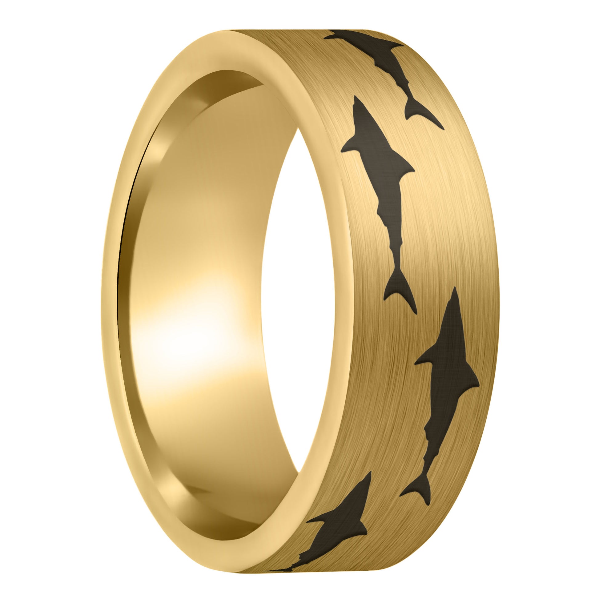 A shark brushed gold tungsten men's wedding band displayed on a plain white background.