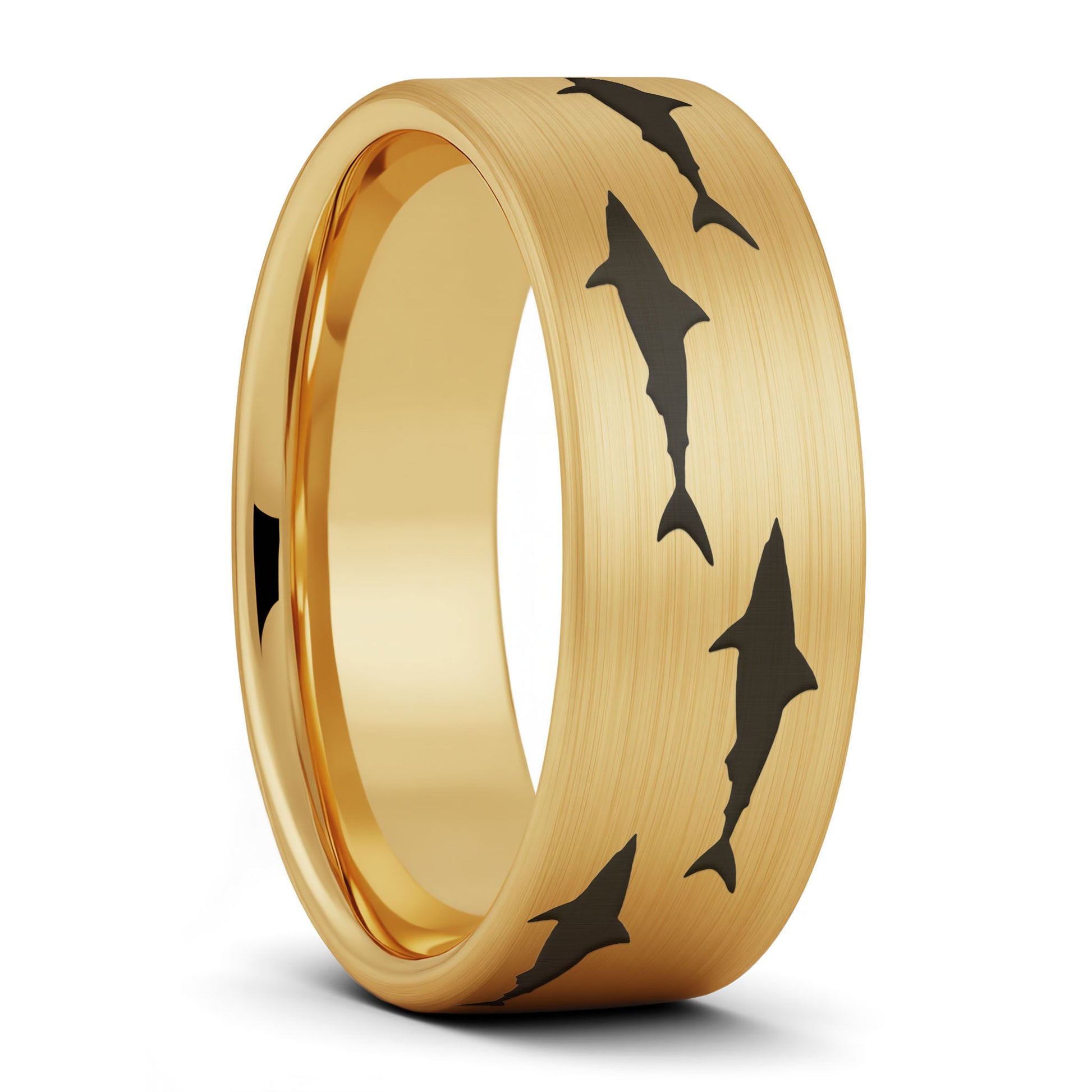 A shark brushed gold tungsten men's wedding band displayed on a plain white background.