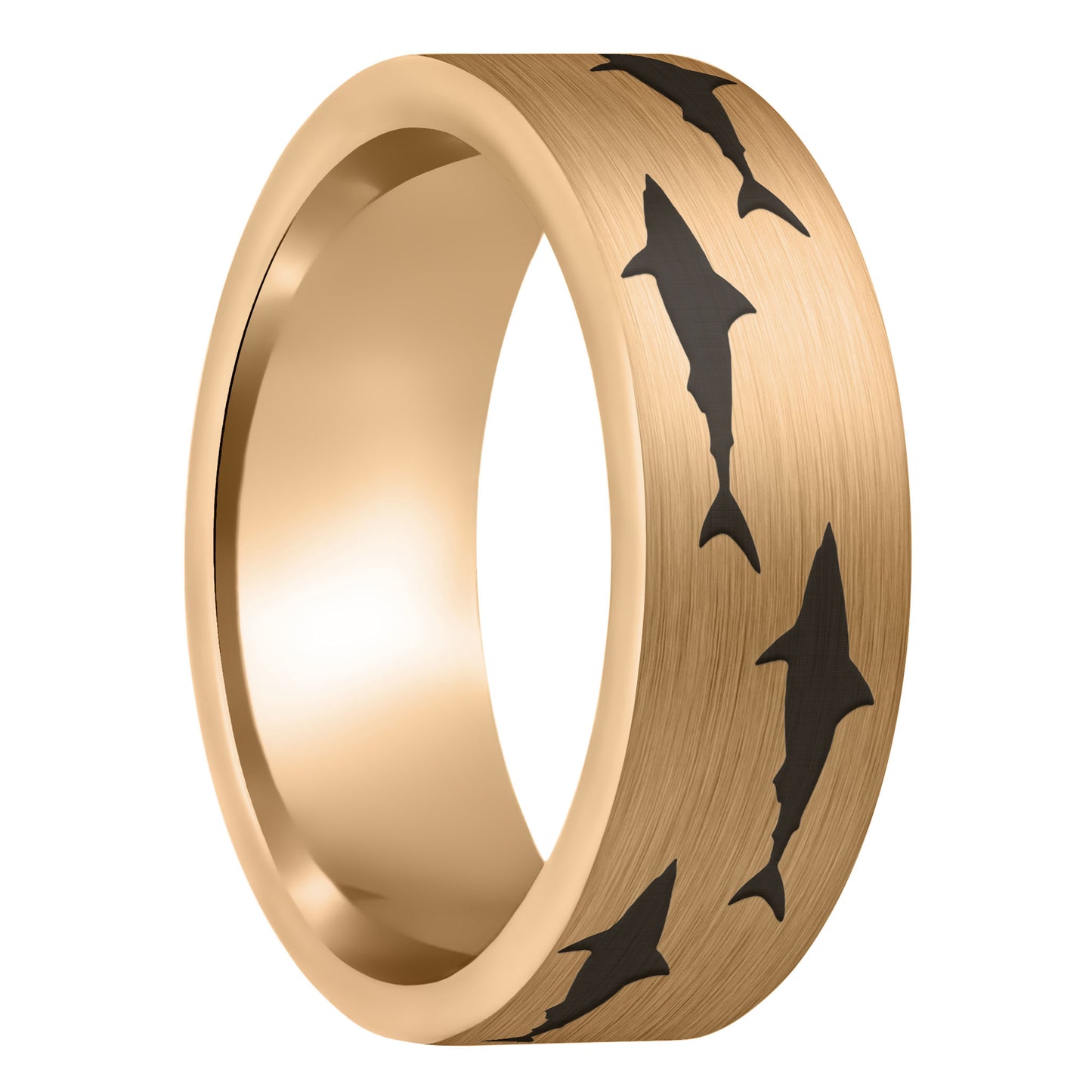 A shark brushed rose gold tungsten men's wedding band displayed on a plain white background.