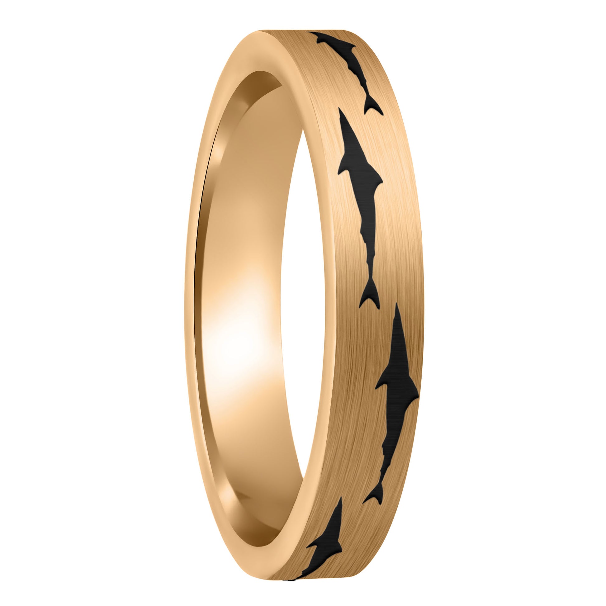 A shark brushed rose gold tungsten women's wedding band displayed on a plain white background.