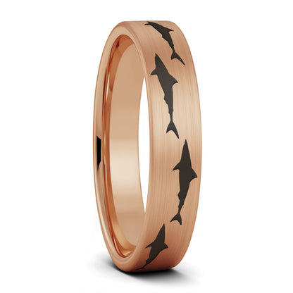 A shark brushed rose gold tungsten women's wedding band displayed on a plain white background.