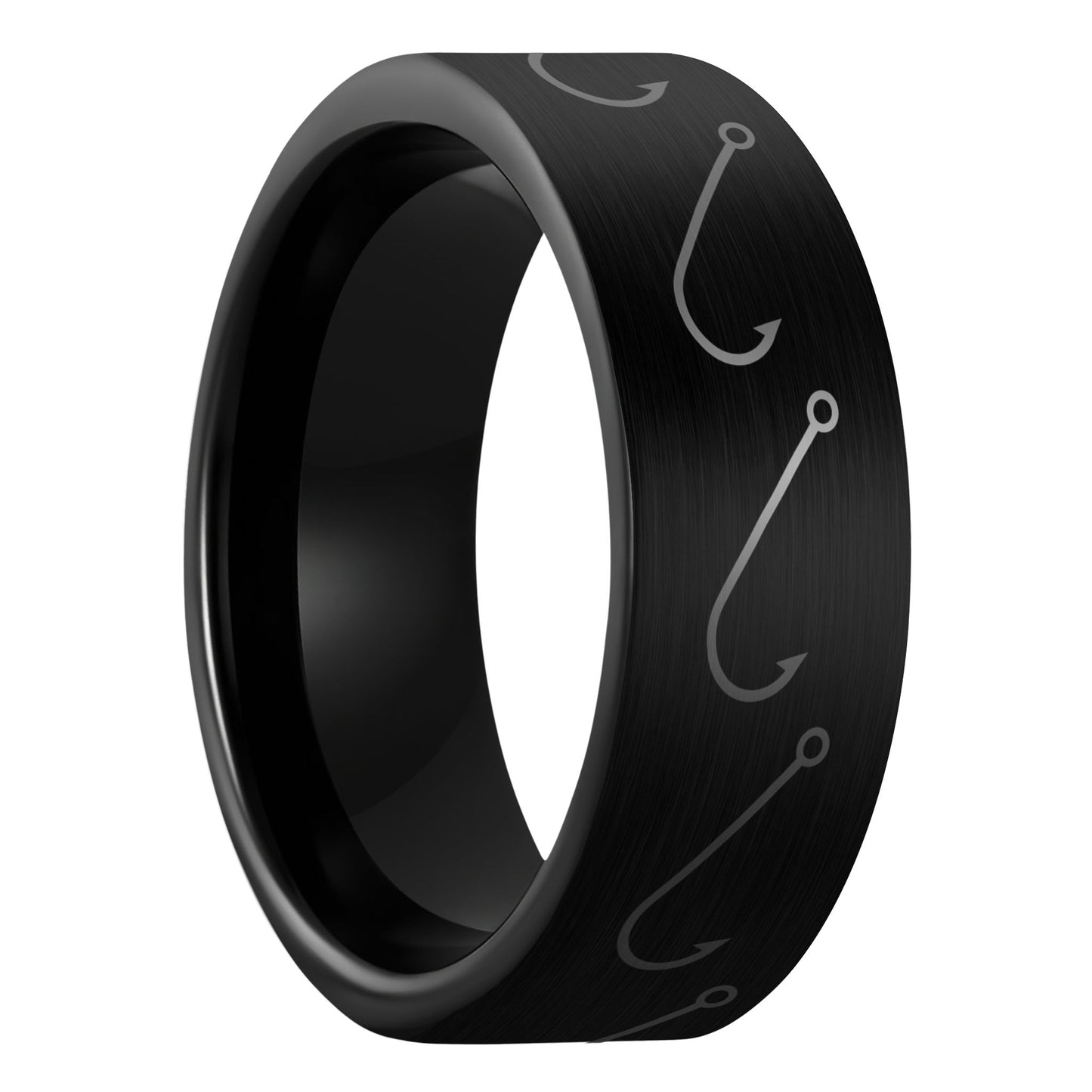 A simple fishing hook brushed black tungsten men's wedding band displayed on a plain white background.