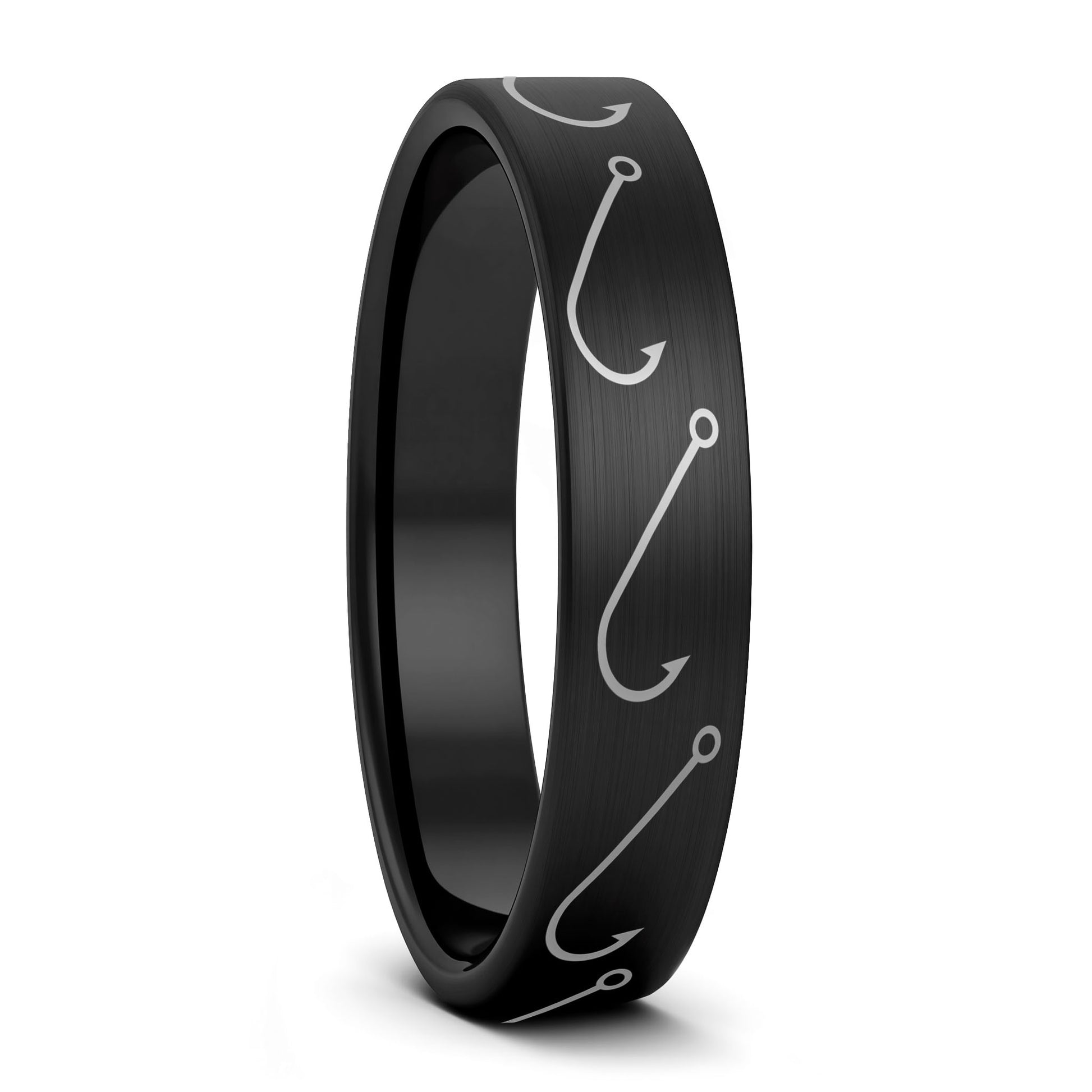 A simple fishing hook brushed black tungsten women's wedding band displayed on a plain white background.