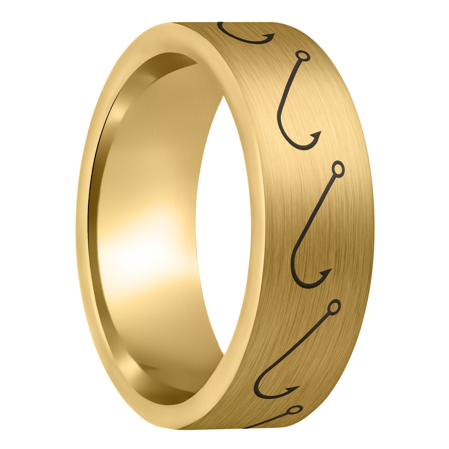A simple fishing hook brushed gold tungsten men's wedding band displayed on a plain white background.