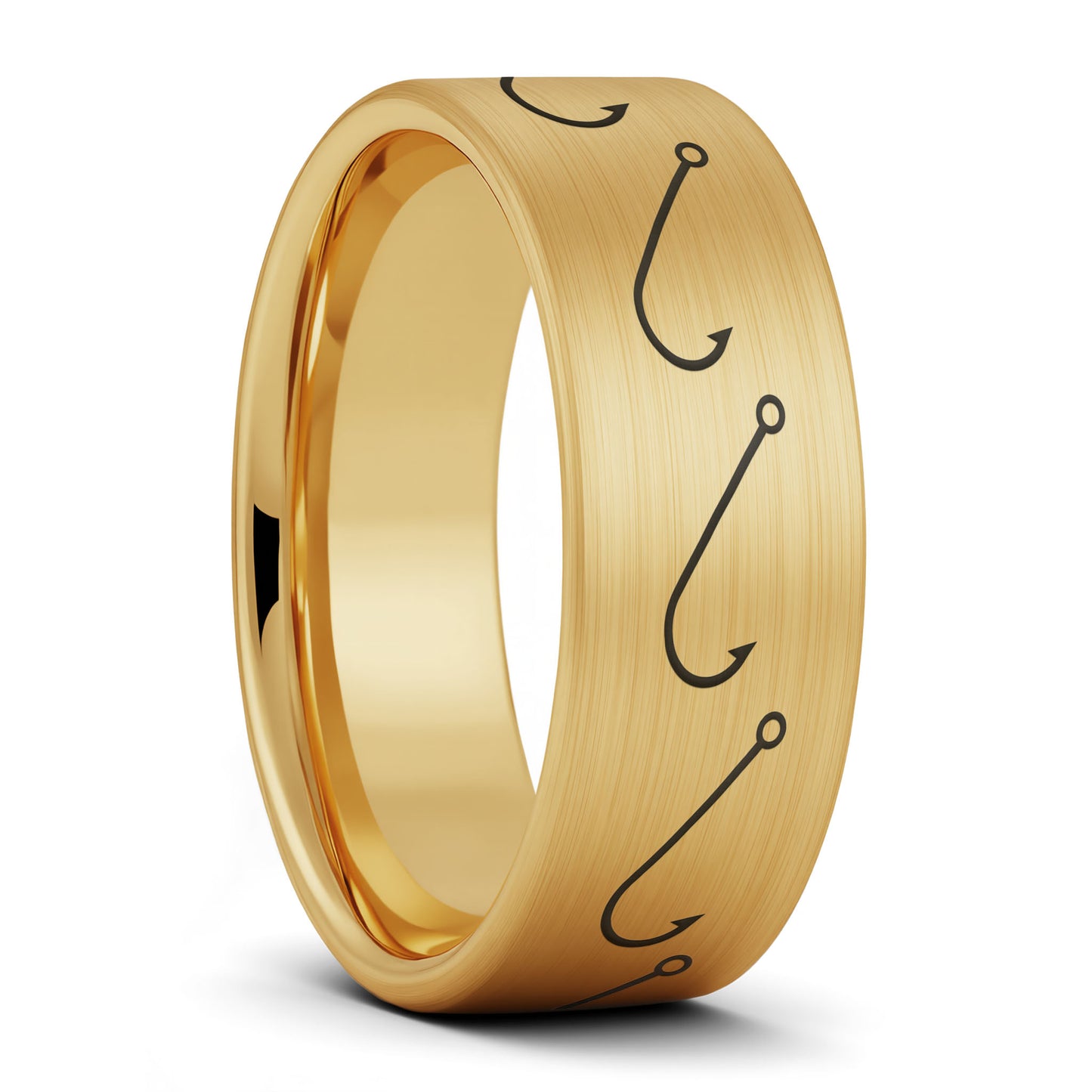 A simple fishing hook brushed gold tungsten men's wedding band displayed on a plain white background.