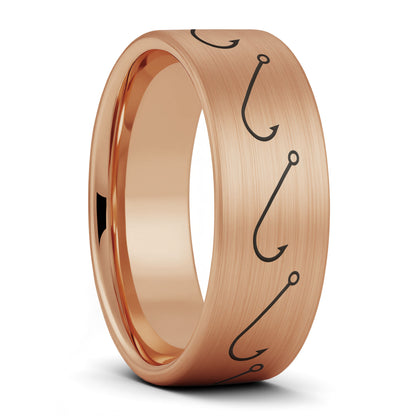 A simple fishing hook brushed rose gold tungsten men's wedding band displayed on a plain white background.