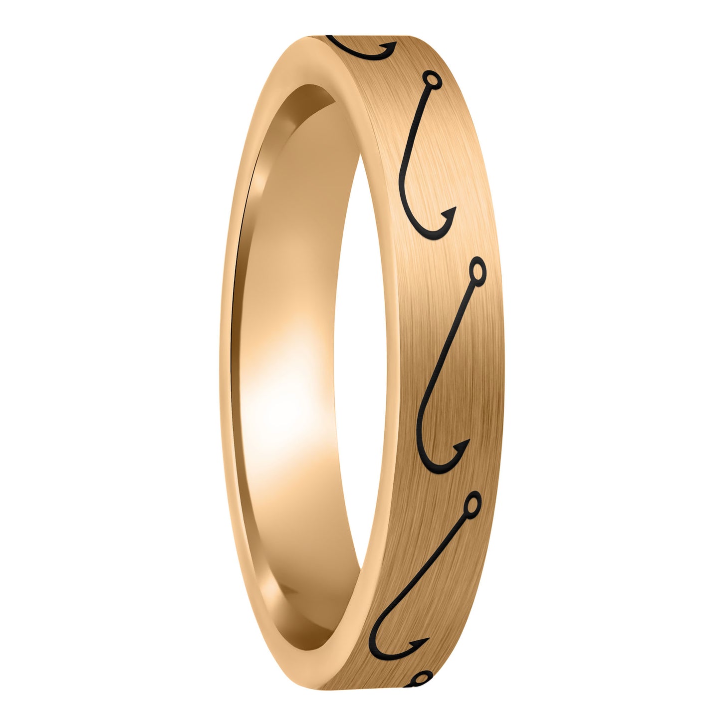 A simple fishing hook brushed rose gold tungsten women's wedding band displayed on a plain white background.