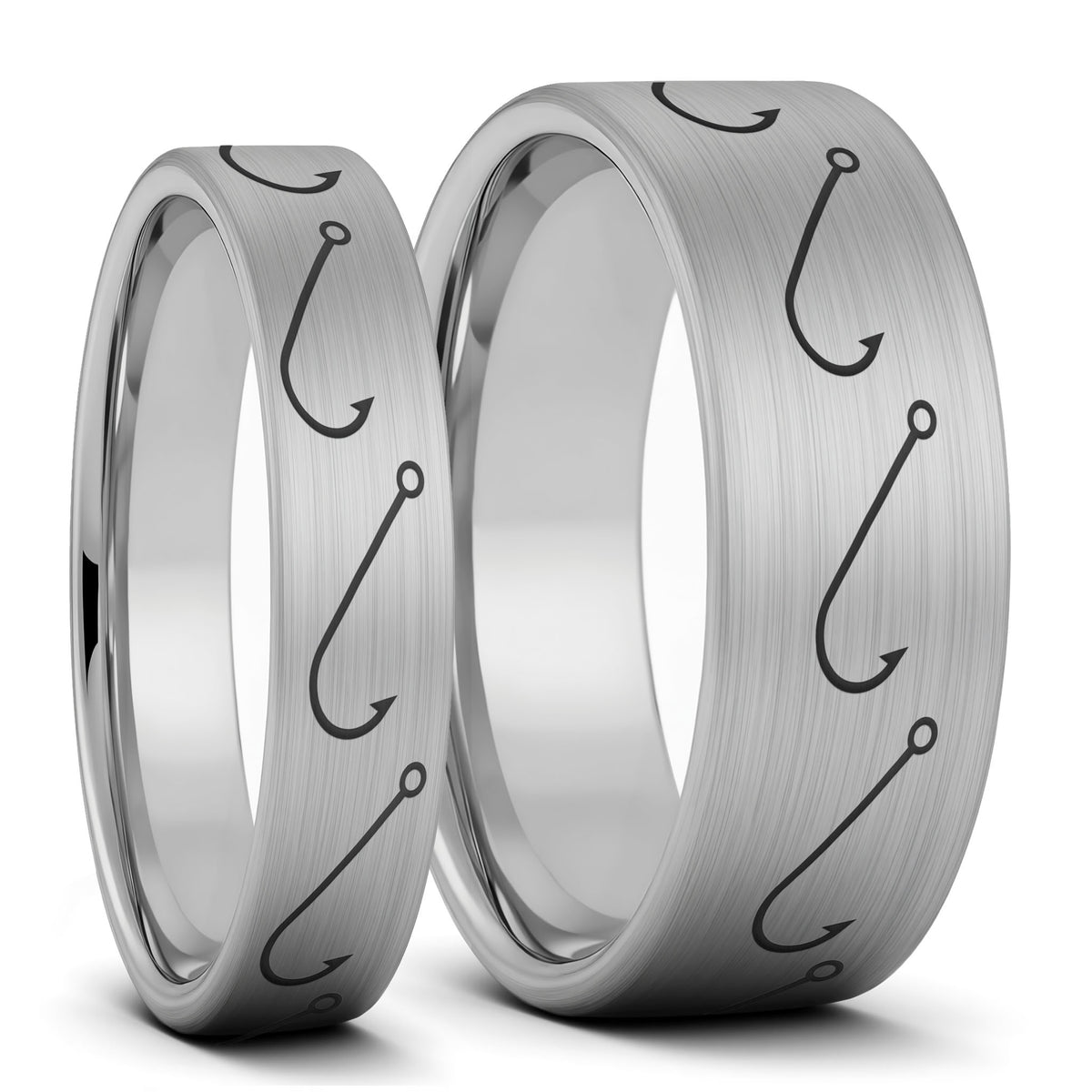 Juego de anillos de boda a juego para pareja de tungsteno negro cepillado con anzuelo de pesca sencillo
