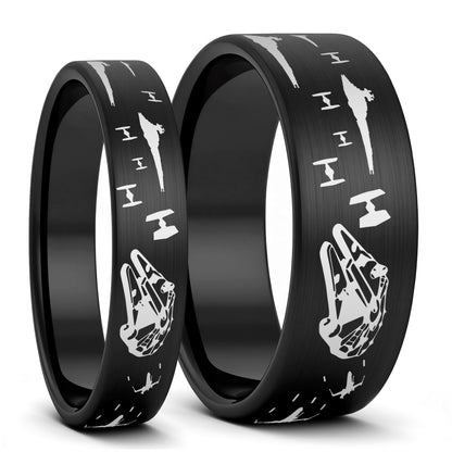 Star Wars Battle Scene Brushed Tungsten Couple's Matching Wedding Band Set