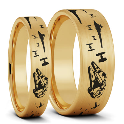 Star Wars Battle Scene Brushed Tungsten Couple's Matching Wedding Band Set