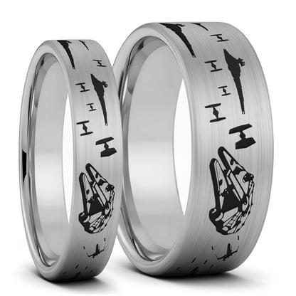 Star Wars Battle Scene Brushed Tungsten Couple's Matching Wedding Band Set