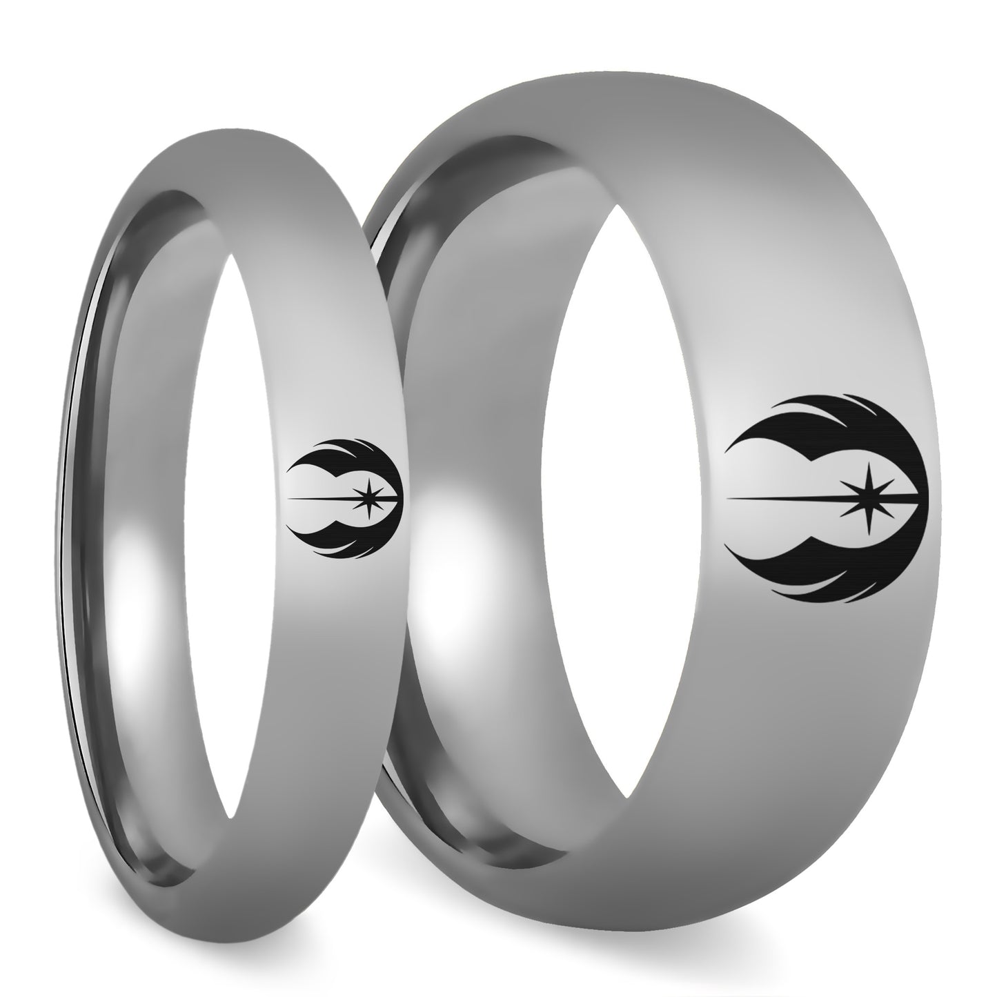 Two silver rings with black symbols on a white background