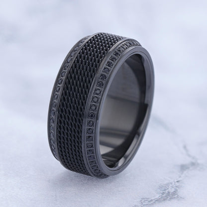 Alliance pour homme en titane noir avec chaîne en acier et diamants noirs