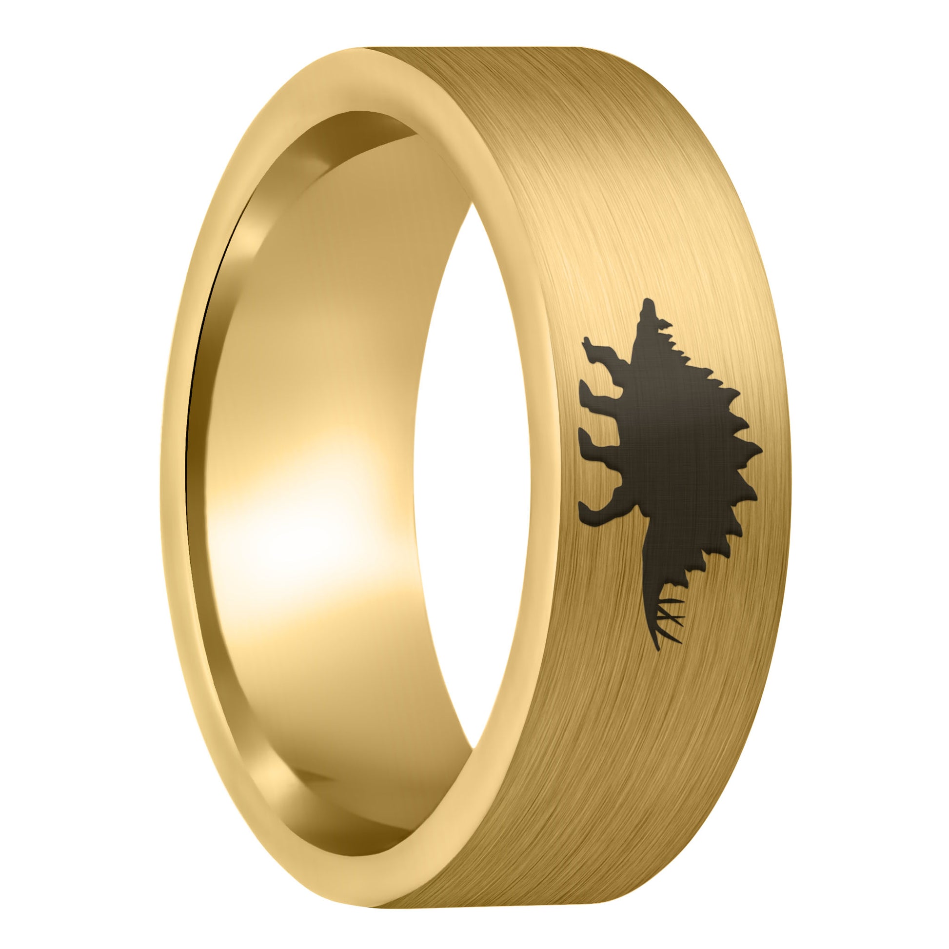 A stegosaurus dinosaur brushed gold tungsten men's wedding band displayed on a plain white background.